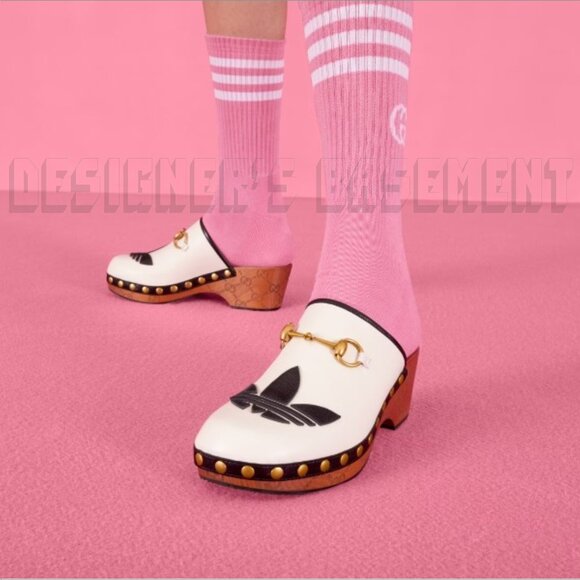 GUCCI x Adidas 38.5EU - 8.5US white Leather Trefoil logo GG platform Clogs shoes - Picture 3 of 14